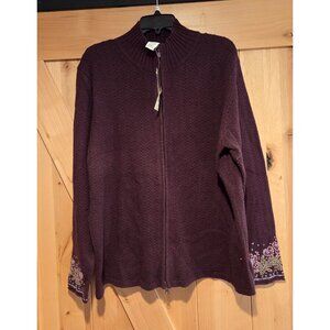 New! COVINGTON Sz 2X Sweater Zip Mock Neck Embroidered Flower Cuff Wool Blend